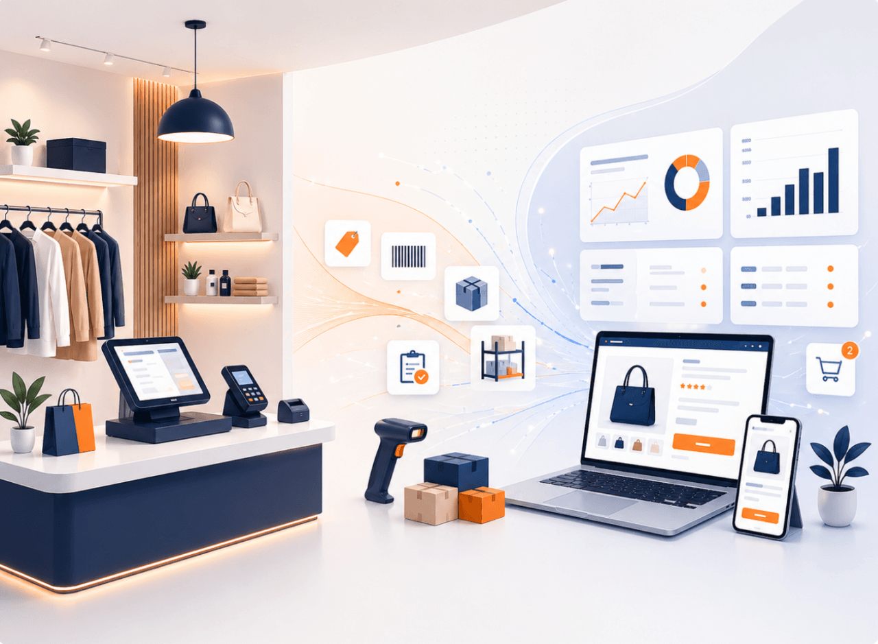 Interface de gestion reliant le magasin, les produits, l'inventaire et la boutique en ligne.