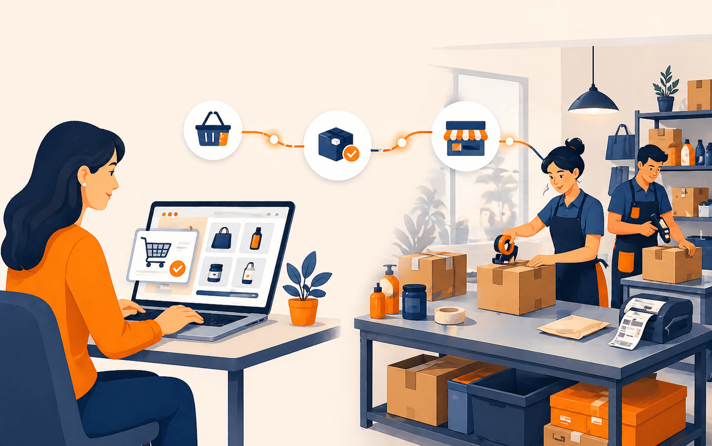 Visuel recommandé pour la page Avantages montrant une équipe magasin et une interface Comelin dans un cadre premium
