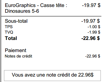 Impression de la note de crédit sur la facture