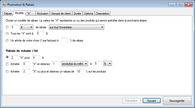 Exemple de rabais 2 pour 5$.